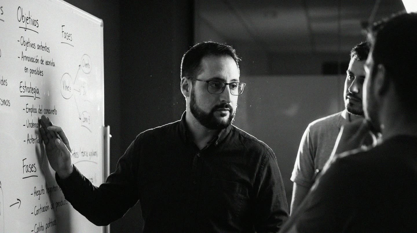 Luis Andreu Orenes explicando una estrategia en la pizarra a su equipo