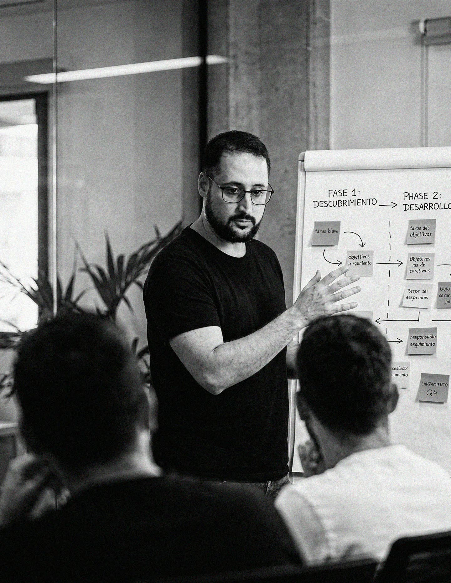 Luis Andreu Orenes explicando un plan de trabajo en una pizarra